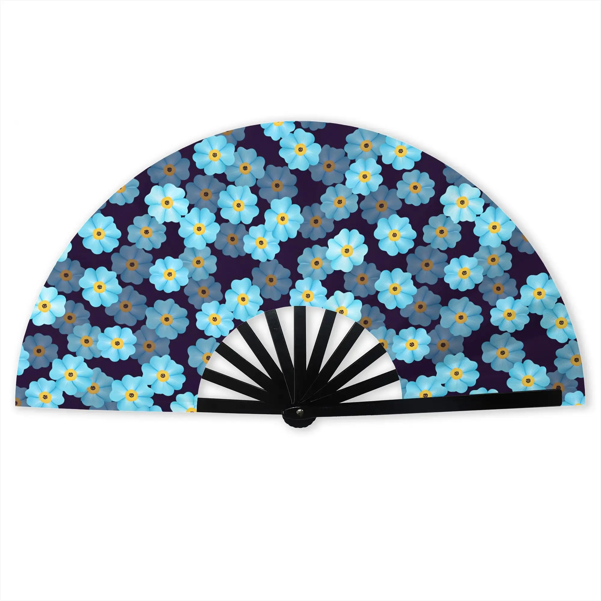 Blue Forget Me Not Flowers  Folding Hand Fan Seamless Floral Pattern Polyester Fabric Fan Funny Summer Accessory Decorative Fans