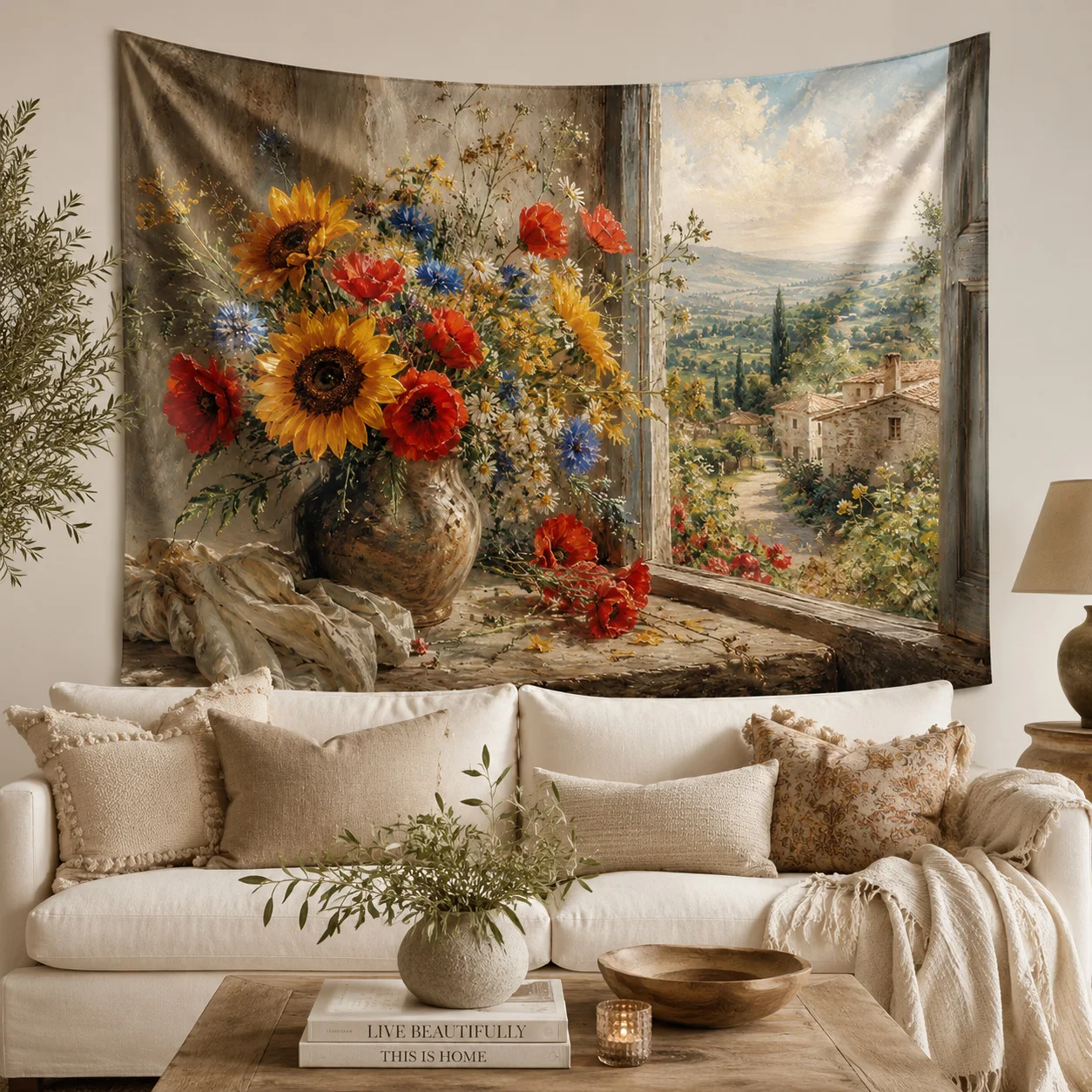 Vintage Floral Window Tapestry Sunflower Wildflower Oil Painting Wall Hanging for Bedroom Living Room Decor