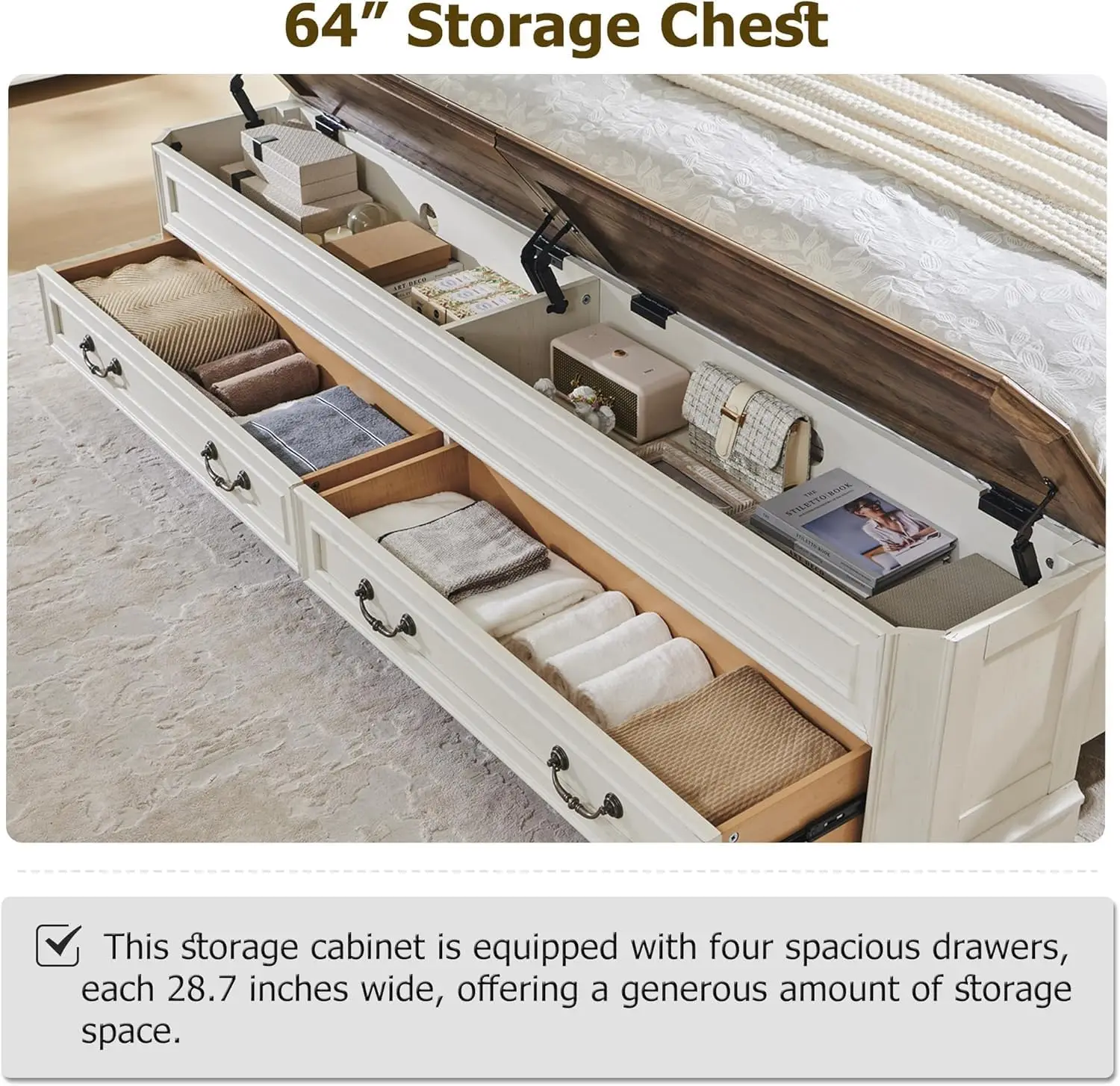 سرير كوين للمزرعة مع لوح أمامي ومقعد تخزين، سرير بمنصة خشبية ريفية مع صندوق تخزين 64 بوصة مع 4 أدراج تخزين كبيرة