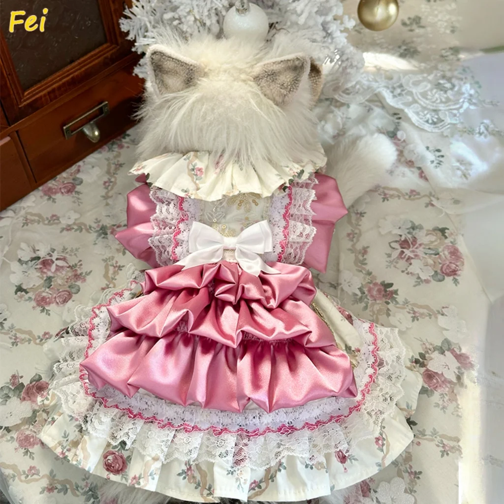 

Handmade Yorkie Dog Dress - Rose Satin Coat, Small Breed Embroidered Pet Clothing, Luxury Dog Dress Custom Pink Dress for cats