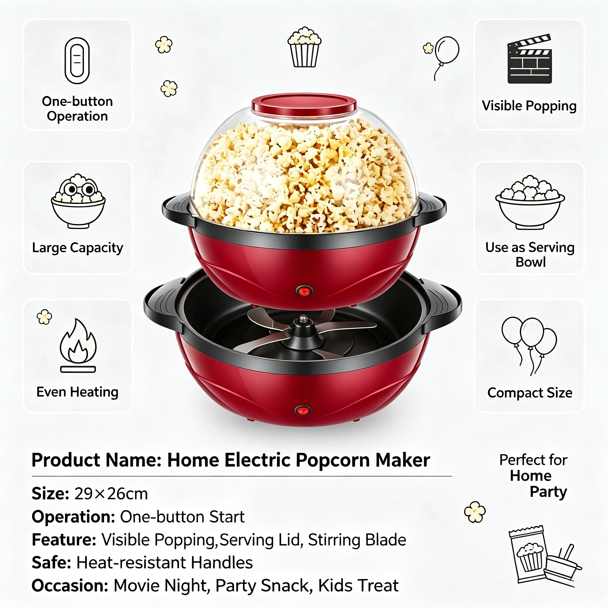 3.6L Automatic Household Popcorn Maker Electric Popcorn Machine Home Kitchen Cooking Appliance