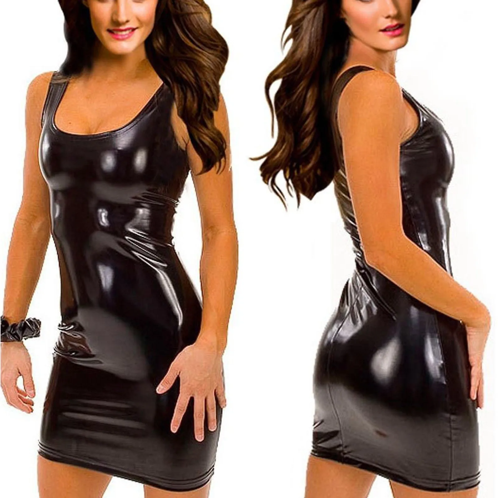 

Plus Size Women Sexy Faux Leather Bodycon Skinny Short Dress Bag Hip Club Wear Night Dress Erotic Costumes Black Latex Dresses