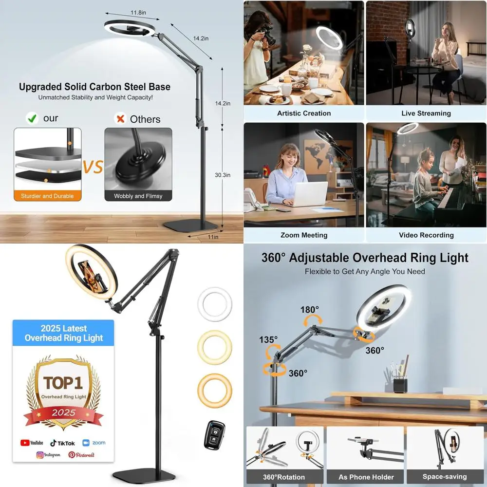 10 حامل ثلاثي القوائم قابل للتعديل مع ضوء حلقي لهاتف iPhone، حامل علوي للفيديو والبث والتصوير الفوتوغرافي #1