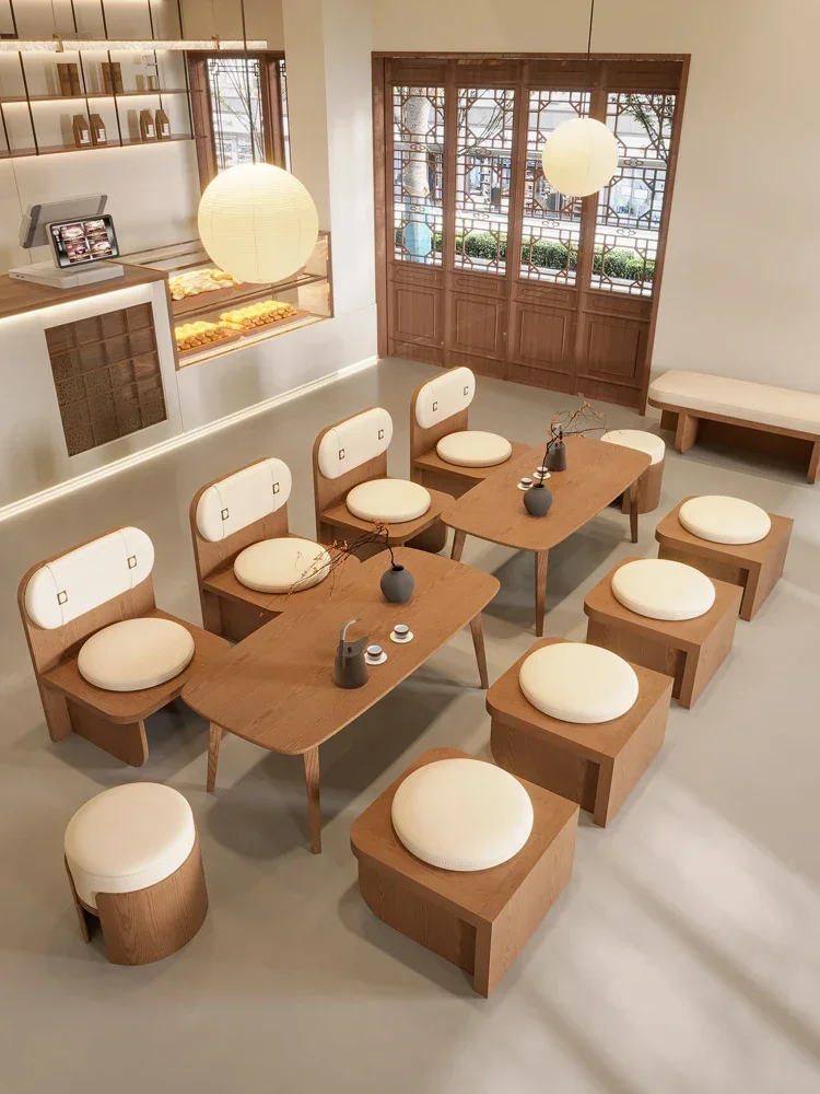 Solid wood booth sofa milk tea shop table and chair combination cafe table commercial dining seat customization