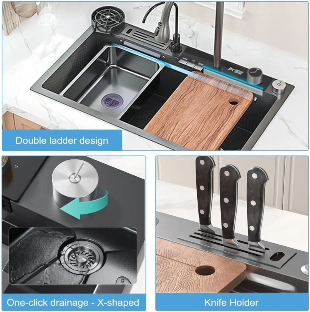 

China Wholesale Custom Multifunctional Waterfall Scratch Resistant Stainless Steel Large Single Black Kitchen Sink