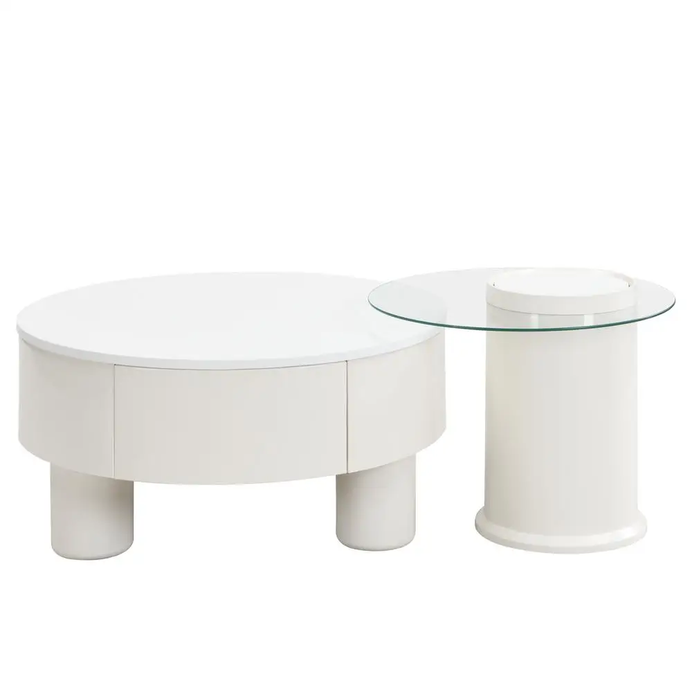 ชุดโต๊ะกาแฟซ้อนกันได้ สีขาว พลาสติก โต๊ะกลางทรงกลม มีลิ้นชักเก็บของ โต๊ะตกแต่งสไตล์โมเดิร์น สำหรับห้องนั่งเล่น ขนาด 27.56 19.69