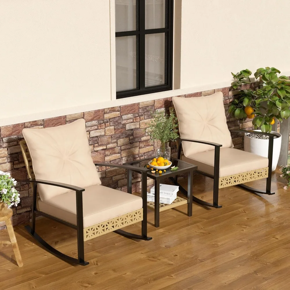 

3 Piece Rocking Bistro Set, Outdoor Patio Furniture Set with 2-Tier Coffee Table and Thick Cushions, Wicker Conversation
