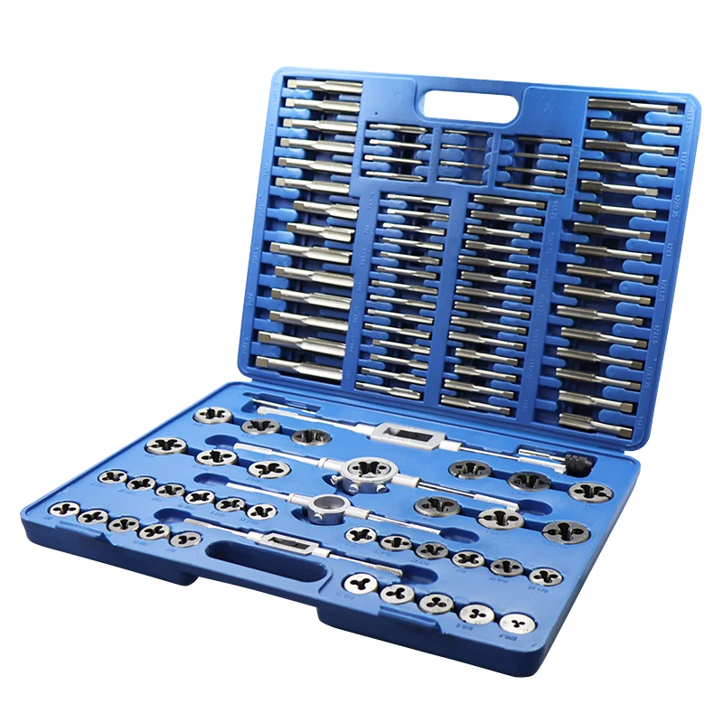 

Factory Price 110 Pcs M6~M18 UNC UNF BSP Tool Set Alloy Steel Hand Tap and Die Tap Wrench Set With Grey Box