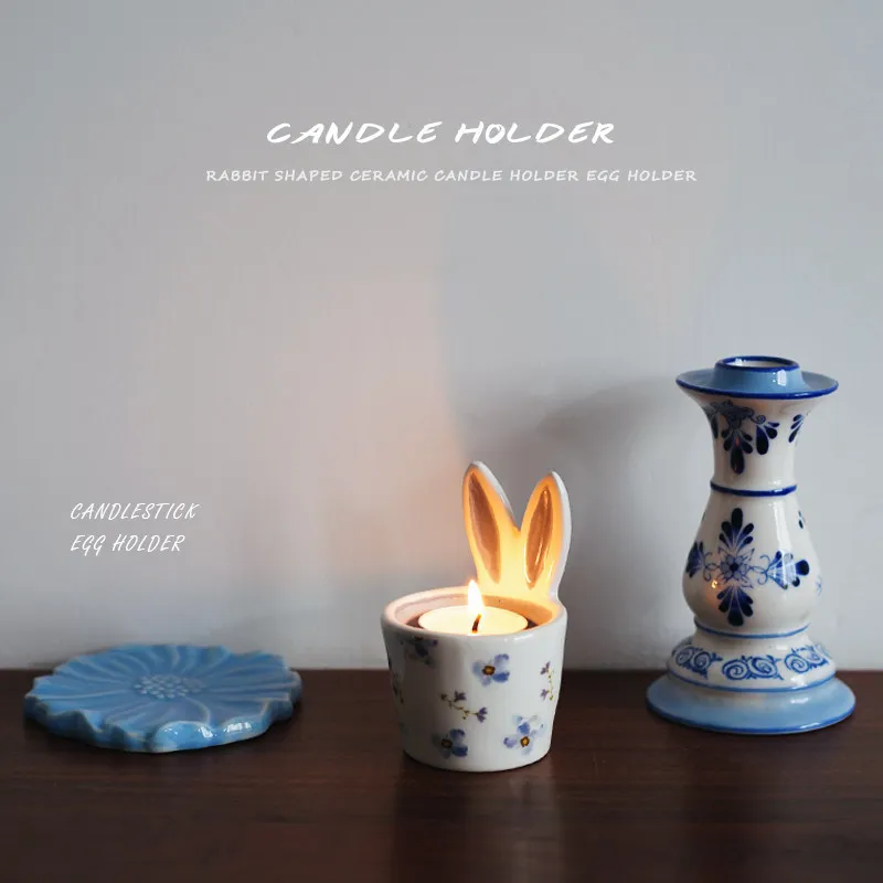 European Blue Bunny Shaped Ceramic Candle Holder with Cute Egg Tray for Breakfast, Elegant Desktop Decoration, Gift
