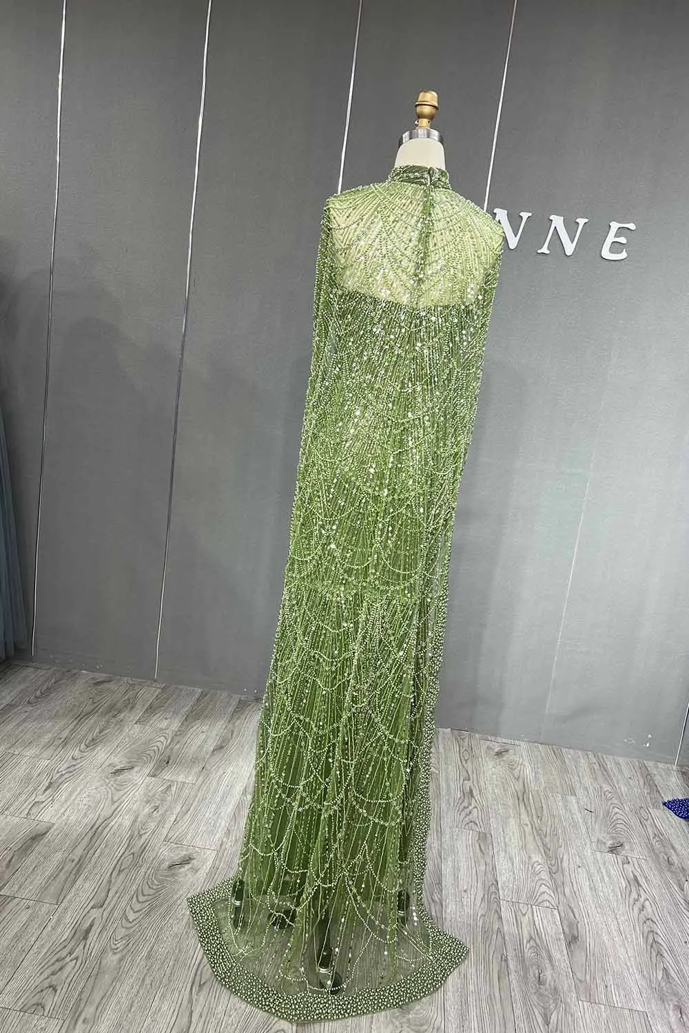 YQLNNE Luxury Greenery Beading Evening Dresses Sequined Tulle Formal Party Gown Mermaid With Shawl