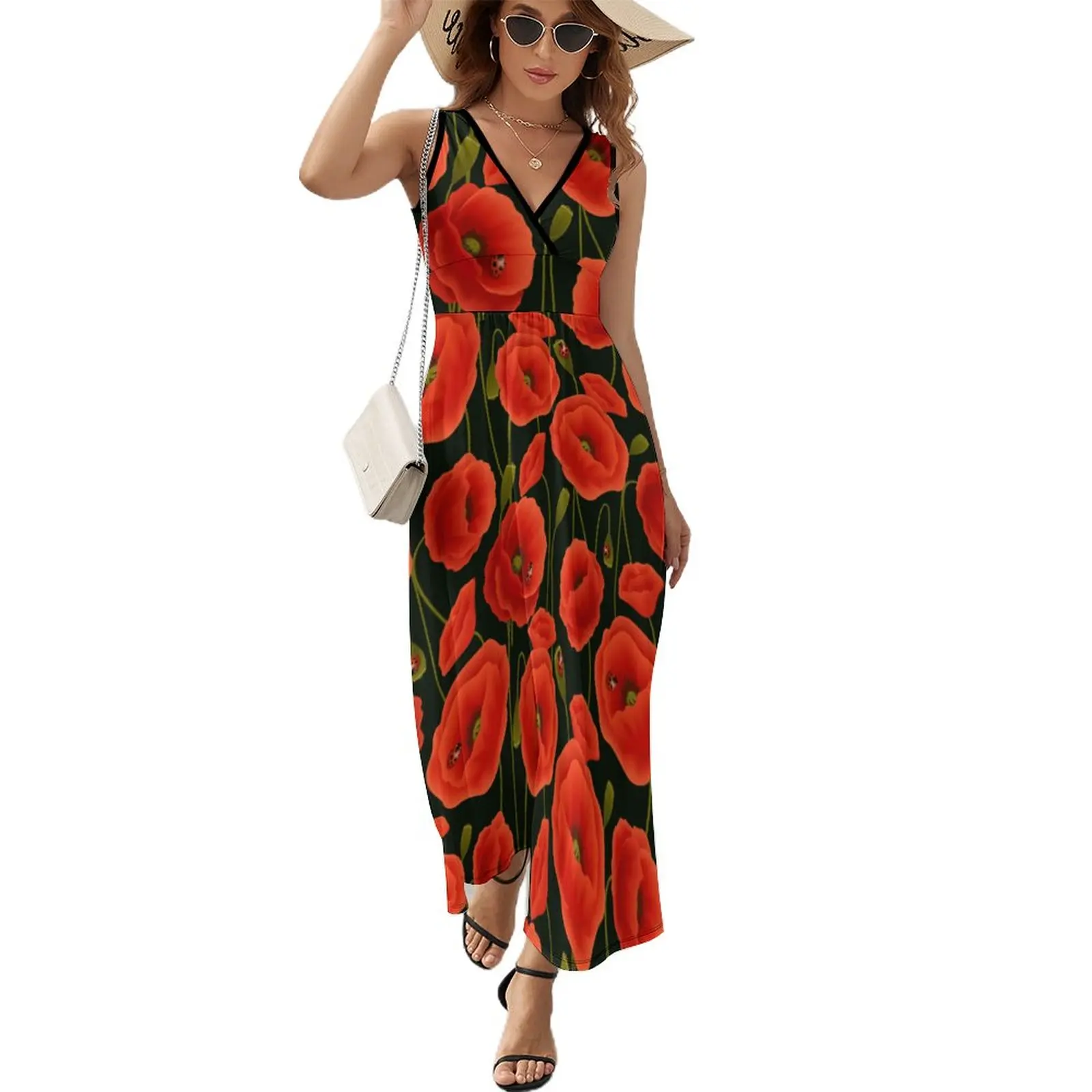 

Red Poppy Flowers Dress Summer Casual Boho Beach Long Dresses Female Sleeveless Custom Sexy Maxi Dress