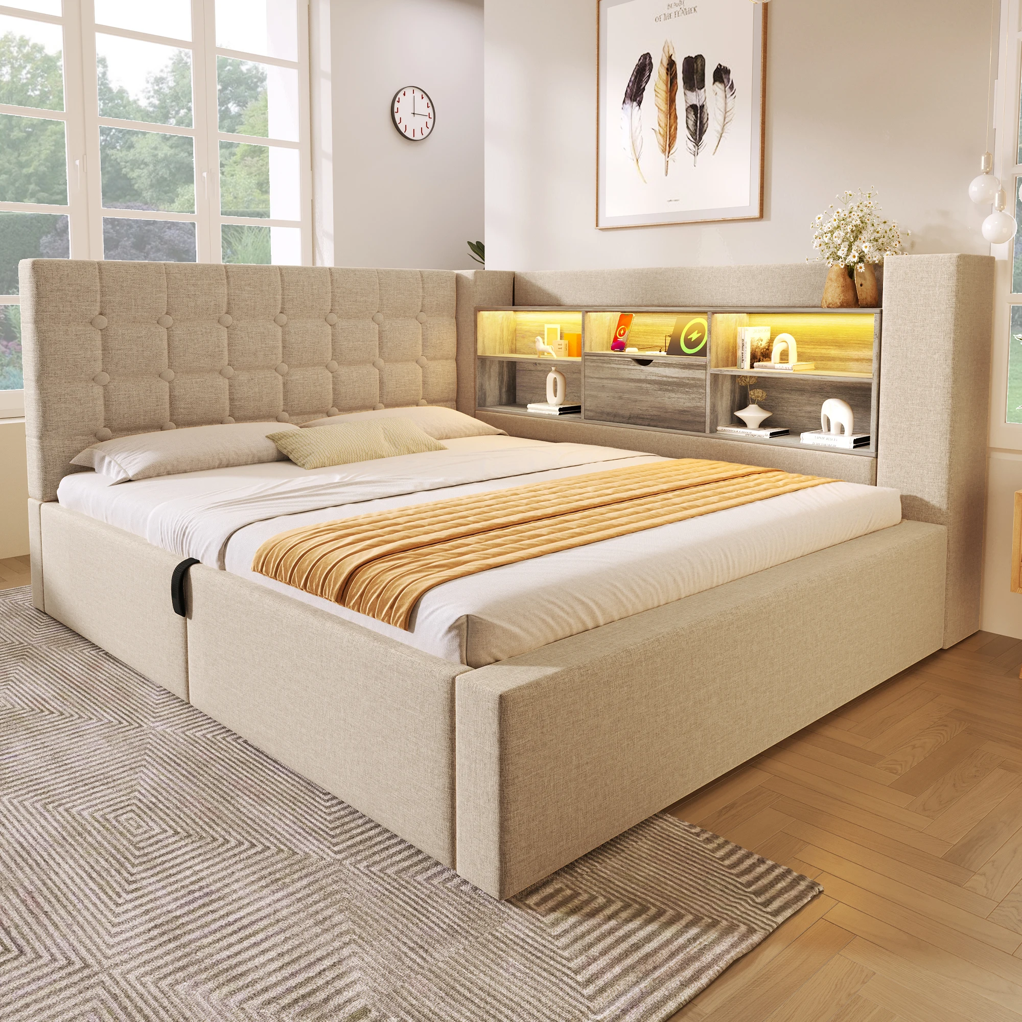 HOUSE SPOLE Sofá cama 140x190cm con función de cama y cajón de almacenamiento, sofá cama beige