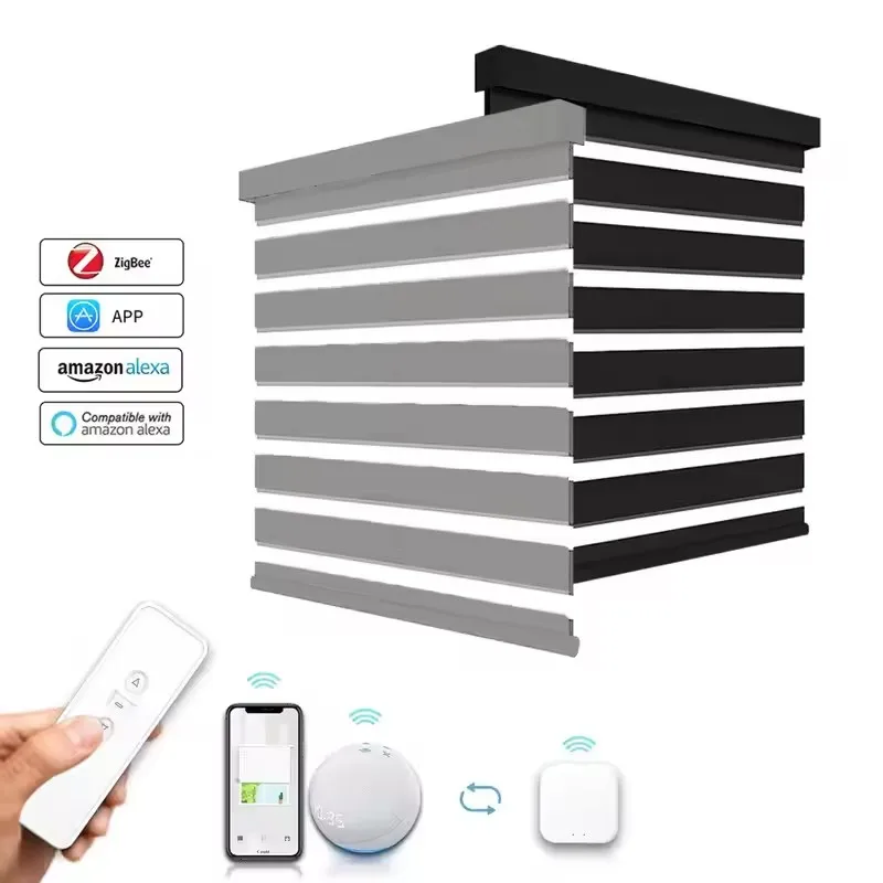 Customized Blind100%Blackout Fabric Heat Insulation Remote Control Connect Google Phone Electric Zebra Roller Blinds For Windows