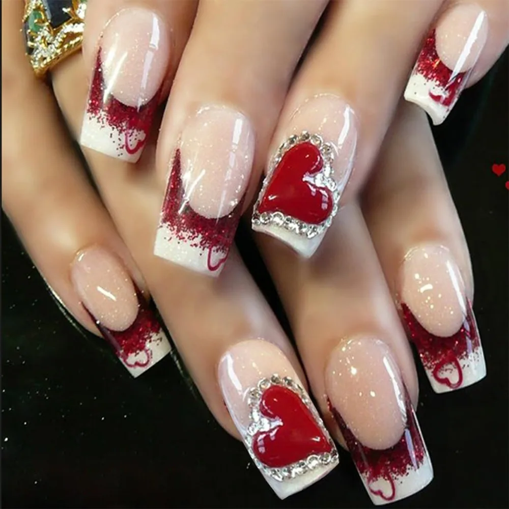 Medium Square False Nails with Sparkly Rhinestone Designs - DIY Nail Art Kit, Reusable French Tips, 24 Pieces