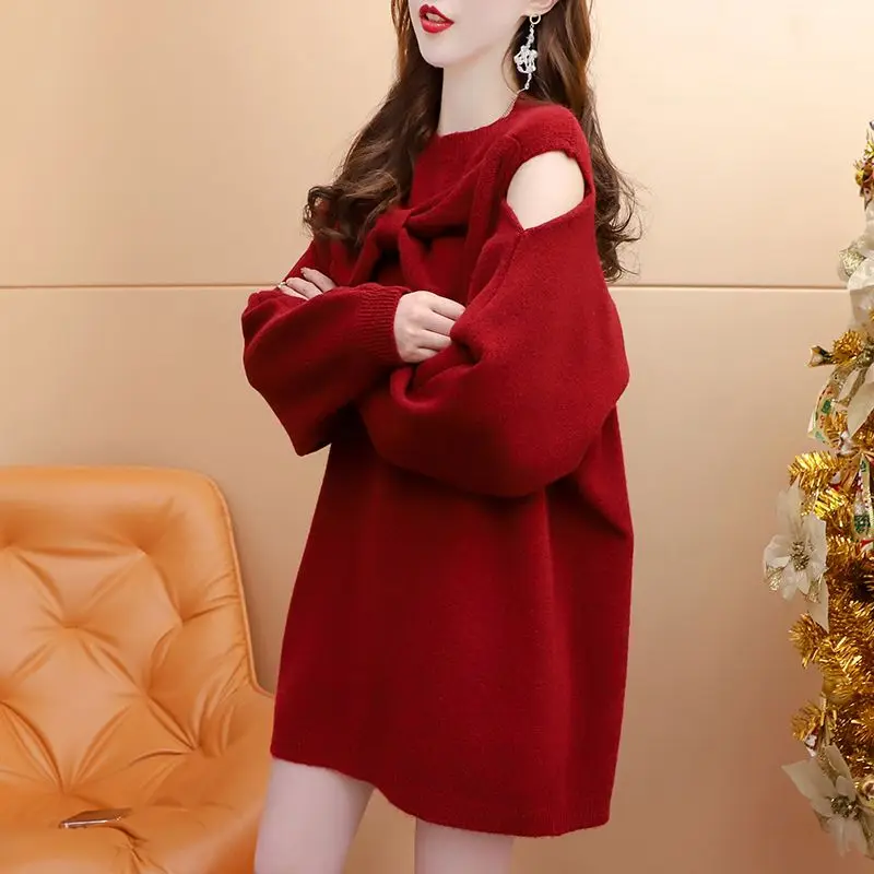 DAYIFUN Bow Splice Design Sweaters Women 2023 Solid Mid Length Hollow Out Shoulder Jumpers Autumn/Winter O Neck Loose Pullovers