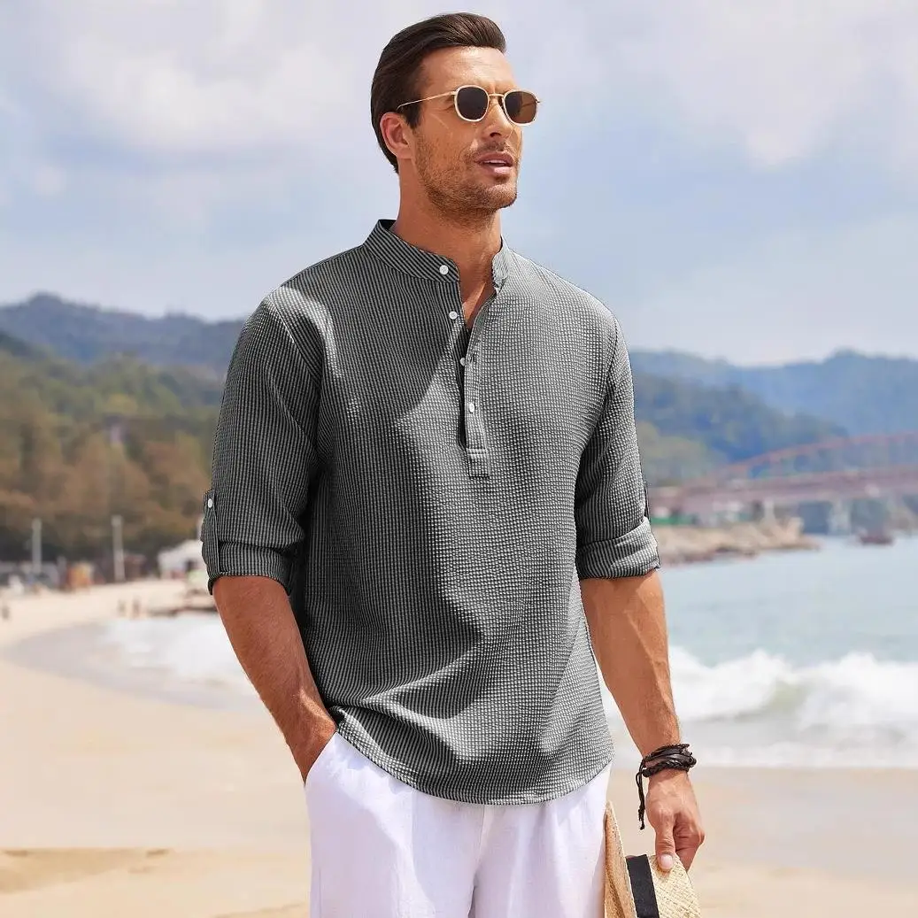 

Casual Men's Cheered irt Pine down Button Loose Fit Breathable Cotton Long Sve Stand Collar Top for Spring