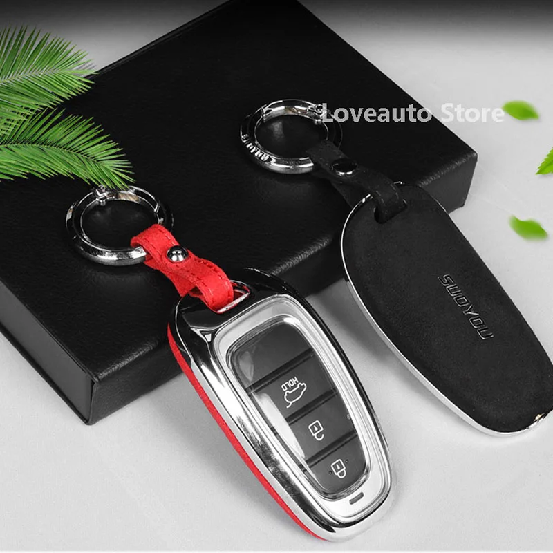 For Hyundai Tucson NX4 2021 2022 Car Key Case Protection Key Cover Shell Keychain Ring Alcantara + Metal Cover Accessories