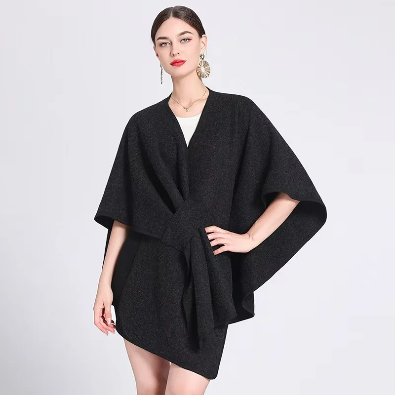 Fashion Side Strap Soft Wool Blends Poncho Cape Coat Autumn Winter Women Cardigan Shawl Cloak