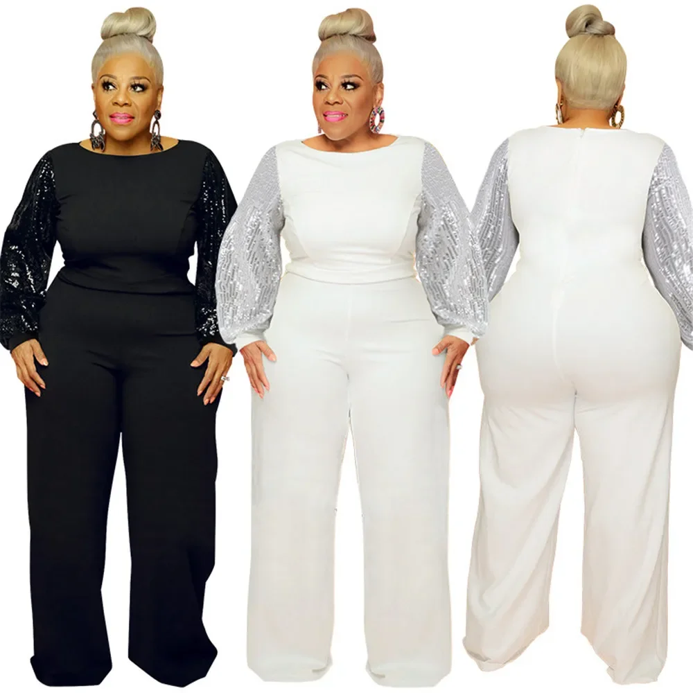 New Plus Size Jumpsuit Women Elegant Sequins Full Sleeve One Piece Outfit Solid Office Lady Romper Fall Wholesale Drop Shopping