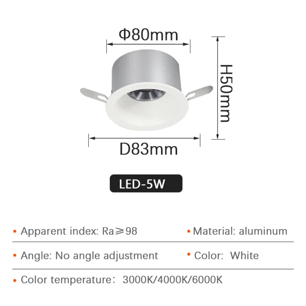 Recesso LED Square Downlights, Lâmpada do teto, COB, Spot Lights, Regulável, Iluminação Interior, Novo Estilo, 5W, AC 85-265V