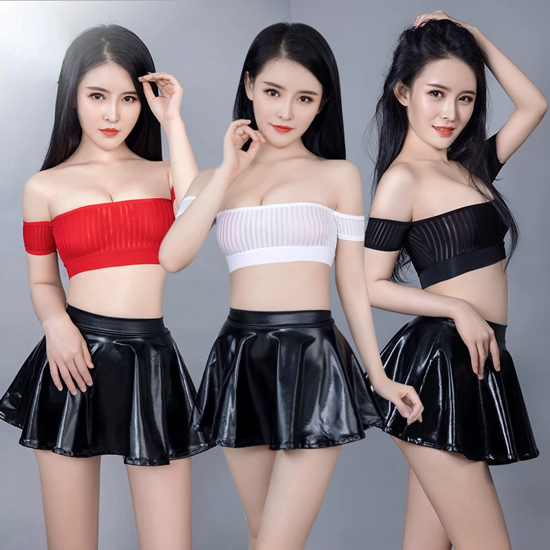 Woman Sexy Leather Skirts Couple Sex Dress Crop Tank Top Sets PU Black Mini Pantis Cute Girl Clubwear Ball Gown Lingerie