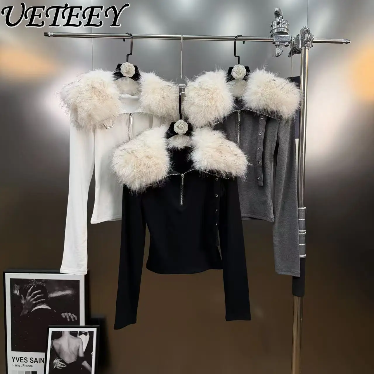 

Autumn Winter Pure Desire Sexy V-Neck Fur Collar Long Sleeve T-Shirt Fleece Lined Base Shirt Inner Outer Wear Short Tops