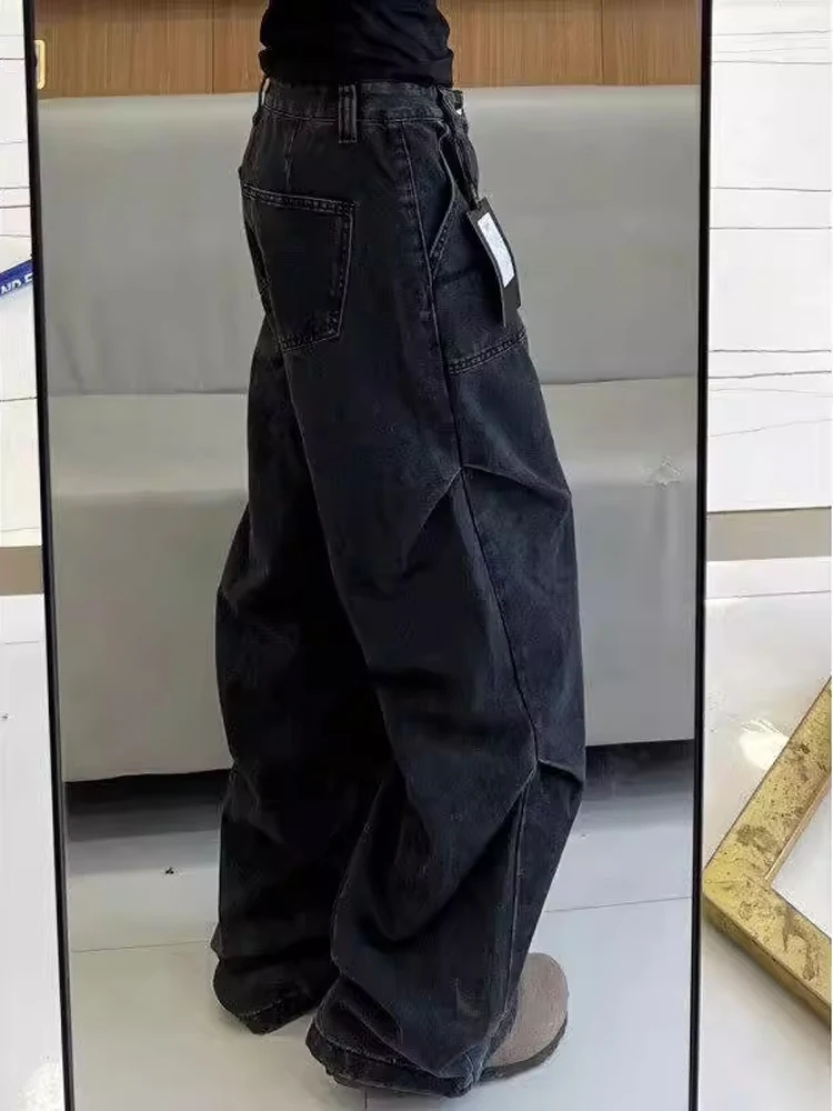 

American High Street Vibe Loose Straight Leg Jeans Bla Wide Leg Jeans Waed Crease Workwear Trousers for Teenagers