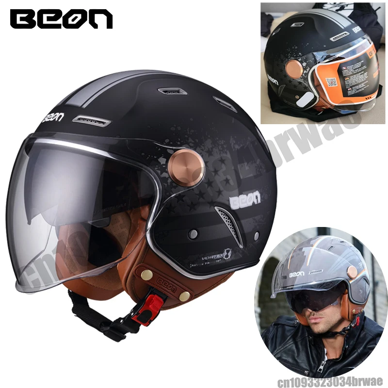 

BEON Vintage Open Face Motorcycle Helmet Dual Lens Retro Moto Casque Casco Capacete Helmets Motorbike Helmet Casco De Moto