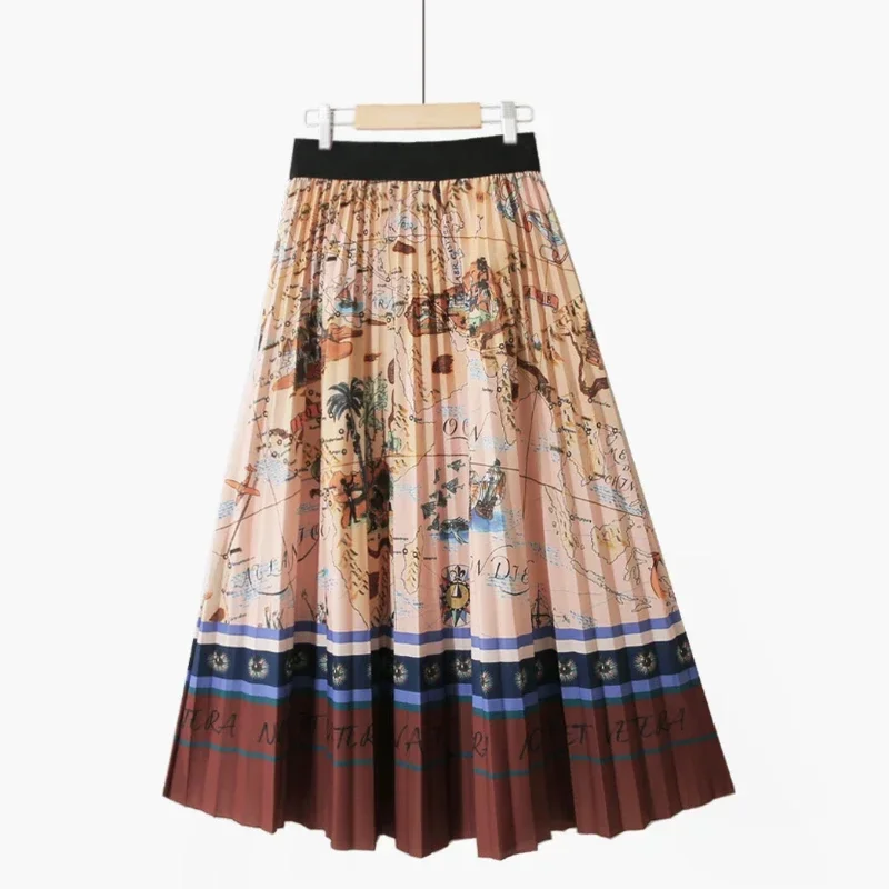 Spring Vintage Retro Printing Pleated Long Skirts Landscape World Map Printed A-line Long Pleated Skirts