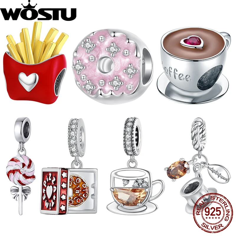 WOSTU 925 Sterling Silver 3D Pizza Food Charms Enamel Coffee Cup Pendant Fit Original Bracelet for Women Funny Sweet Gift