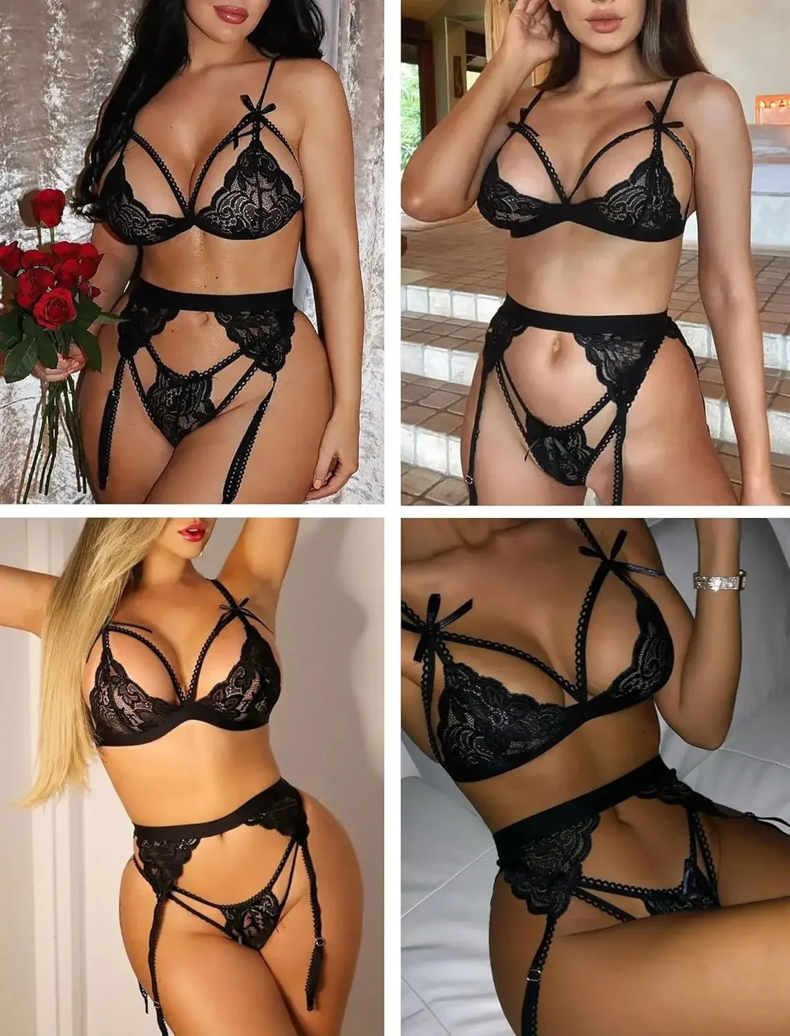 Women Lingerie Set Lace Teddy Strap Babydoll Bodysuit with Garter Belts