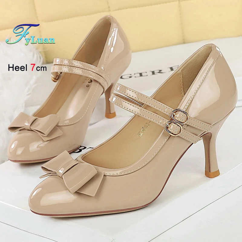 

Spring Summer Khaki Bow Women's Shoes Round Toe Ladies Pumps Thin High Heels 7cm Shallow Mouth Double Strip Buckle Dress Shoes