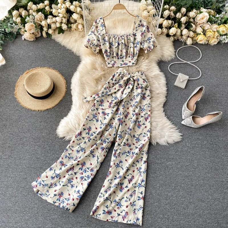 2022 New Autumn Bohemian Floral Printed Two Piece Set Square Collar Short Sleeve Tops + High Waist Wide Leg Pants Fashion Suit