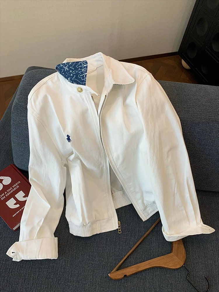 

Retro Sli Contrast Color Collar Jaet Loose Casual ex Spring Autumn Small Size Versatile Top Men Women