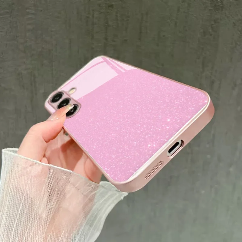 Pink sparkling star design glass phone case suitable for Samsung Galaxy S26 S25 S24 S23 S22 S21 S20 FE/Ultra/Plus anti drop