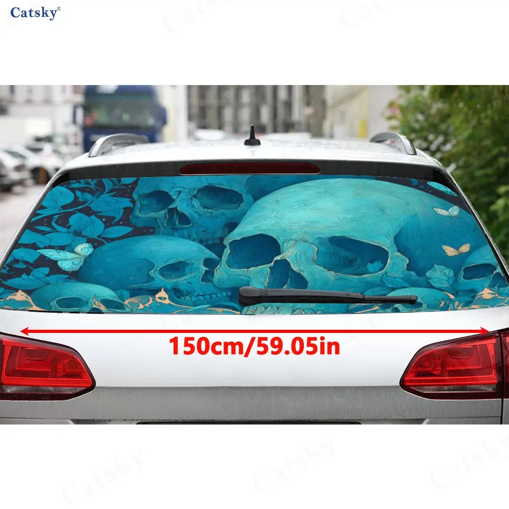 Blue Butterfly Skull PVC Perforated Car Vinyl Wraps, Durable Car Rear Windshield Sticker, Waterproof Car Rear Window Decal