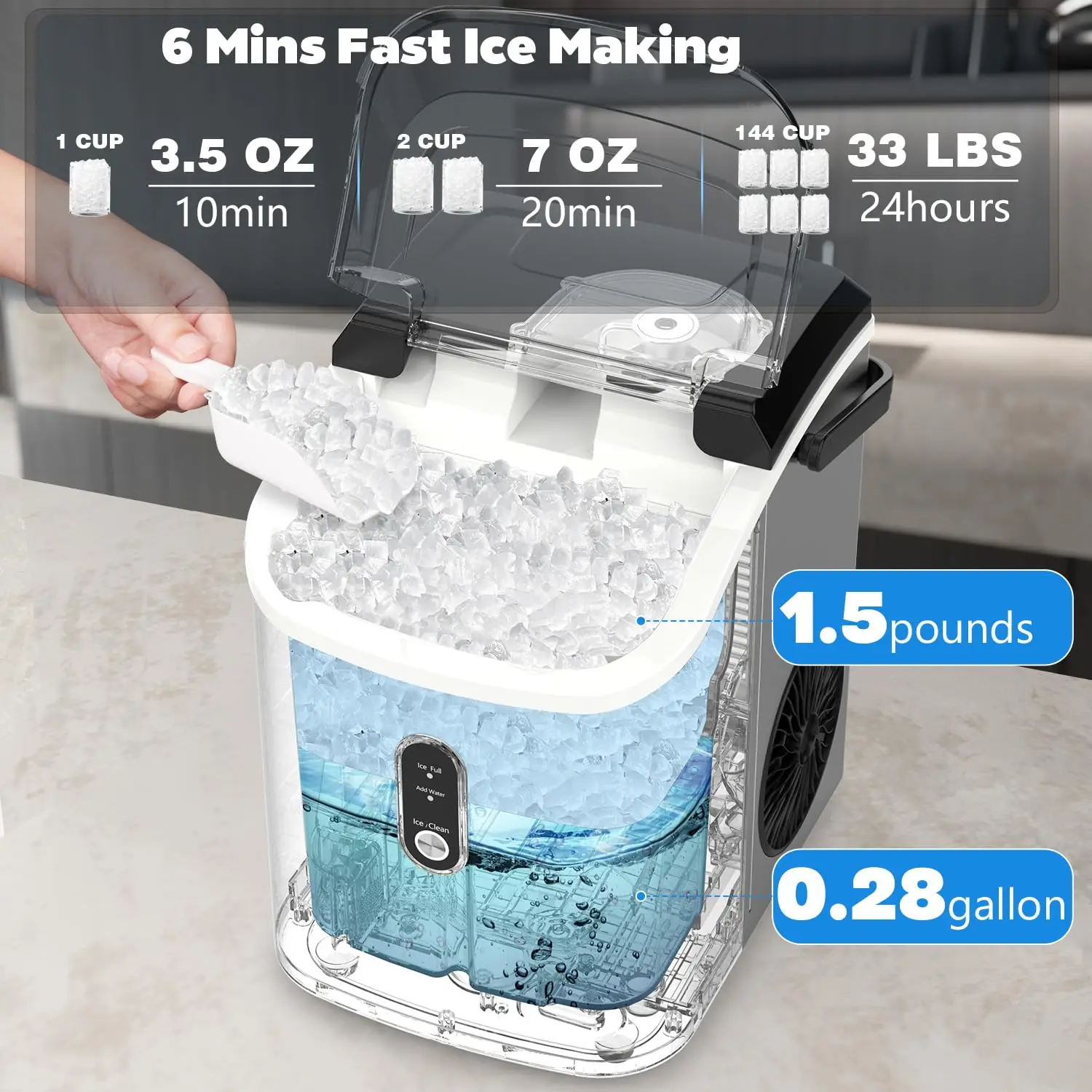 Kndko Nugget Bancada IceMaker com gelo mastigável, Fabricação de gelo rápida, Auto-limpeza bancada Ice Ma Maker, 35Lbs/Day