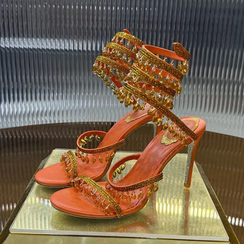 Women Thin High Heels Tassels Rhinestone Decor Sandalias Ankle Snake Shaped Strap Entanglement Sandals Summer Party Dress Shoes