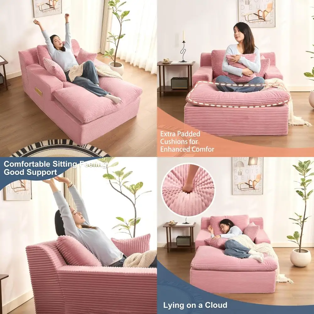 "Espreguiçadeira interna grande de 63 polegadas, camada macia em nuvem, sofá-cama conversível com almofadas removíveis e bolso lateral