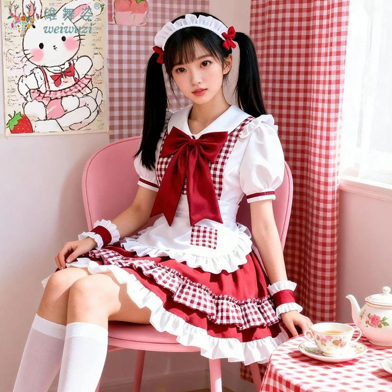 

Anime Cute Lolita Role Playing Red Grid Cafe Maid Uniform Temptation Set Sexy Pure Sensual Lolita Dress School Uniform Style