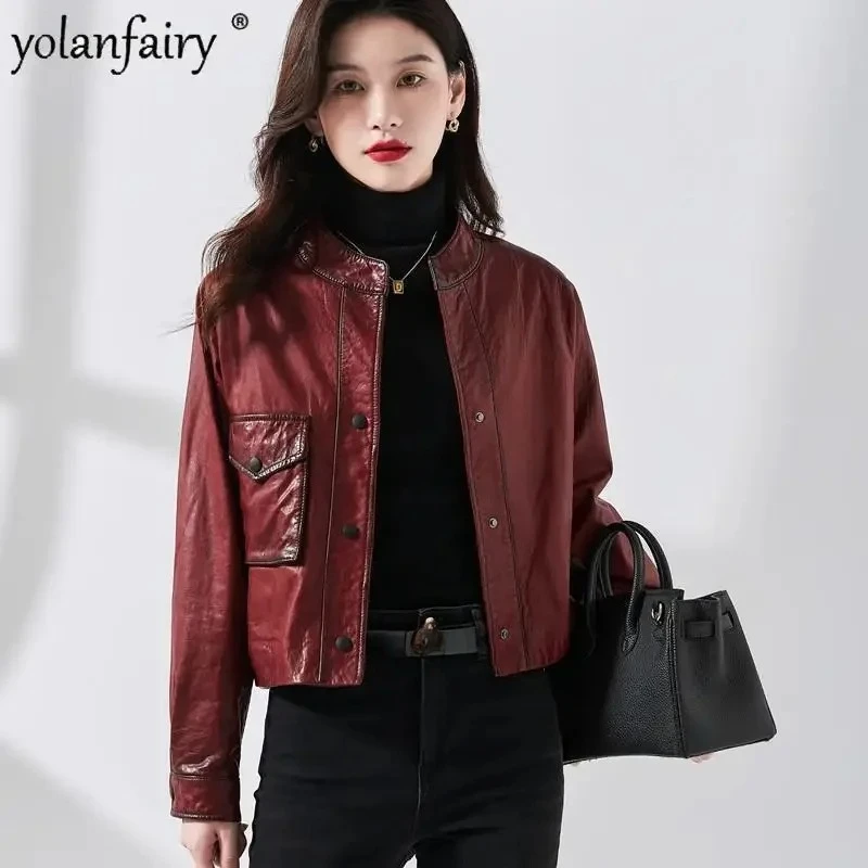 YOLANFAIRY الخريف سترة جلدية حقيقية المرأة خمر النفط الشمع جلد البقر معطف جلد طبيعي المرأة قصيرة دراجة نارية سترة أبلى