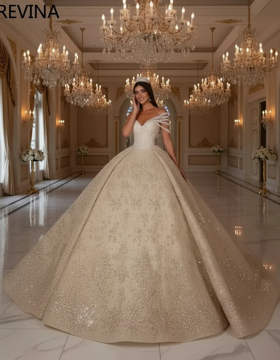 

Princess Luxury Ball Gown Wedding Dress V-neck Off-Shoulder Beaded Sparkling Bridal Customized Vestidos De Novia