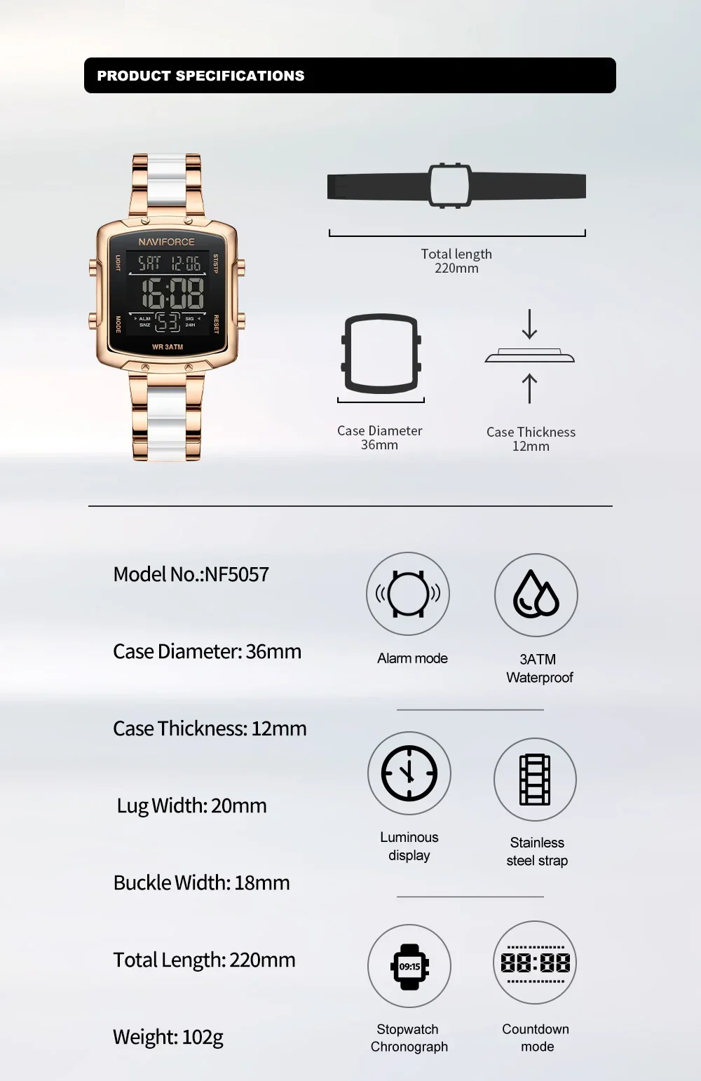 NAVIFORCE NF5057 Women's LCD Lighting Leisure Watches Elegant Digital Alarm Stopwatch Time Display 3ATM Waterproof Watches