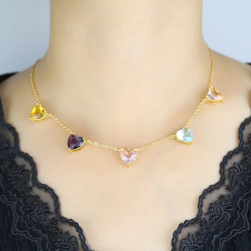 Pastel Colorful Women\'s Choker Necklace with 5 PCS Big Heart Shaped Birthstone Stones