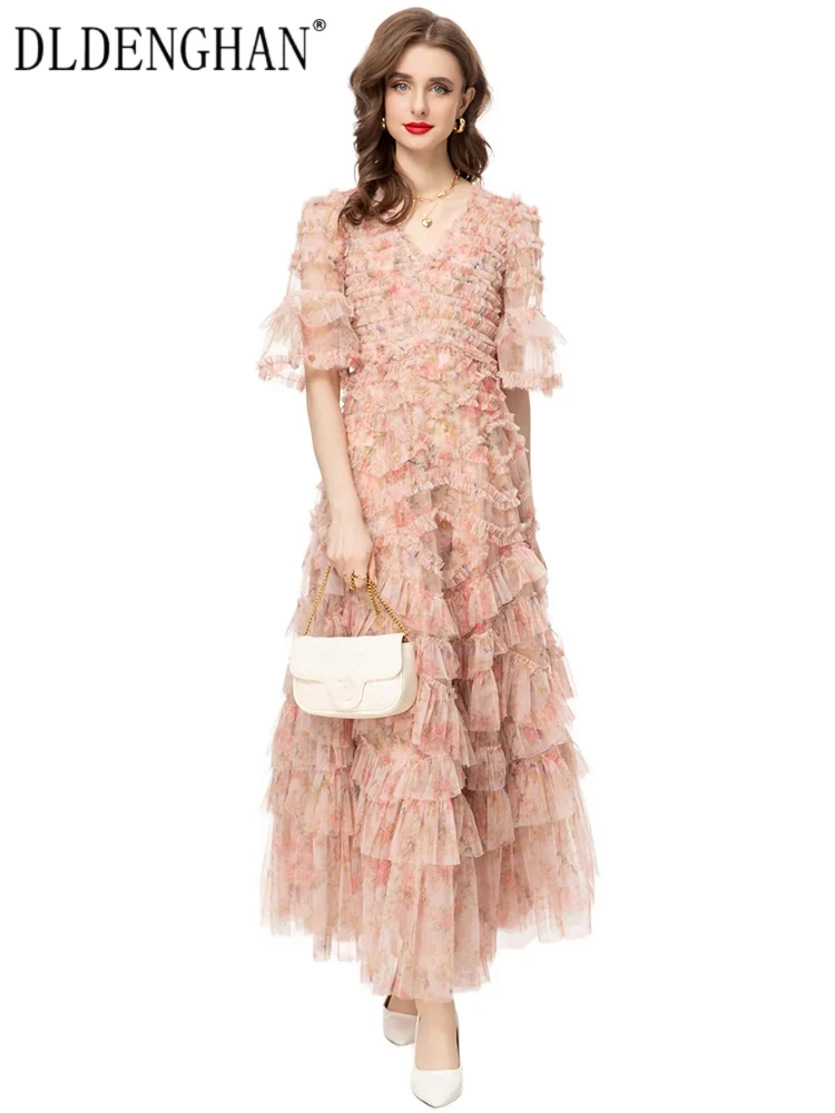 

DLDENGHAN Spring Mesh Dress Women V-Neck Short Sleeve Ruffles Floral Print High Waiste Vintage Backless Dresses Fashion New