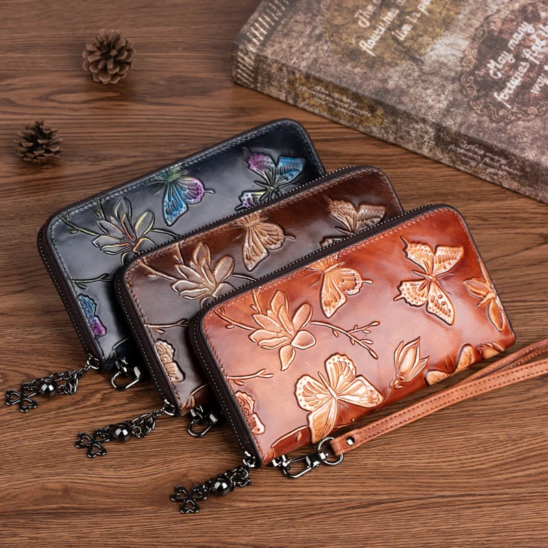 GAGACIA Vintage Embossed Long Wallets For Women Genuine Leather Purse Hand Painted High Quality Butterfly Wallet ID Card Holder