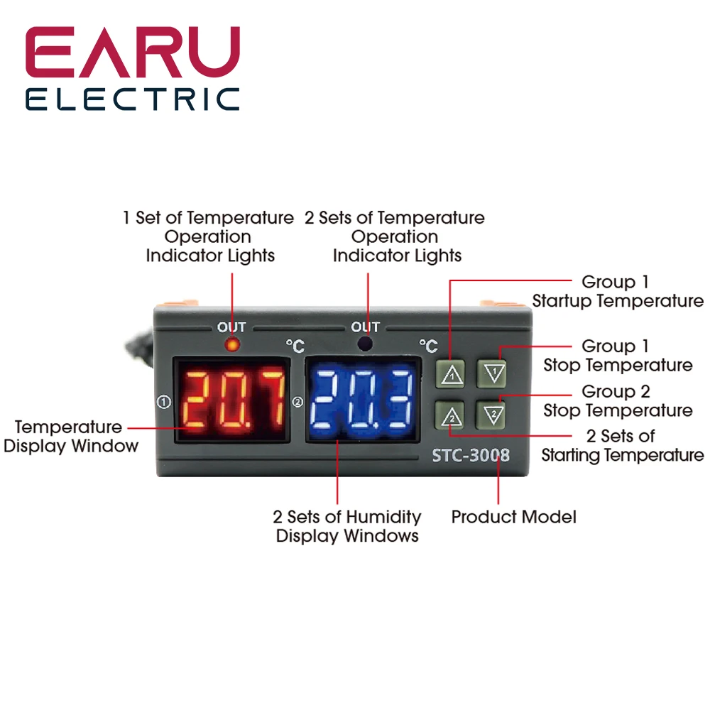 STC-3008, podwójny cyfrowy regulator temperatury, dwa wyjście przekaźnikowe, DC 12V, DC 24V, ac 220V, termoregulator, termostat z grzałką
