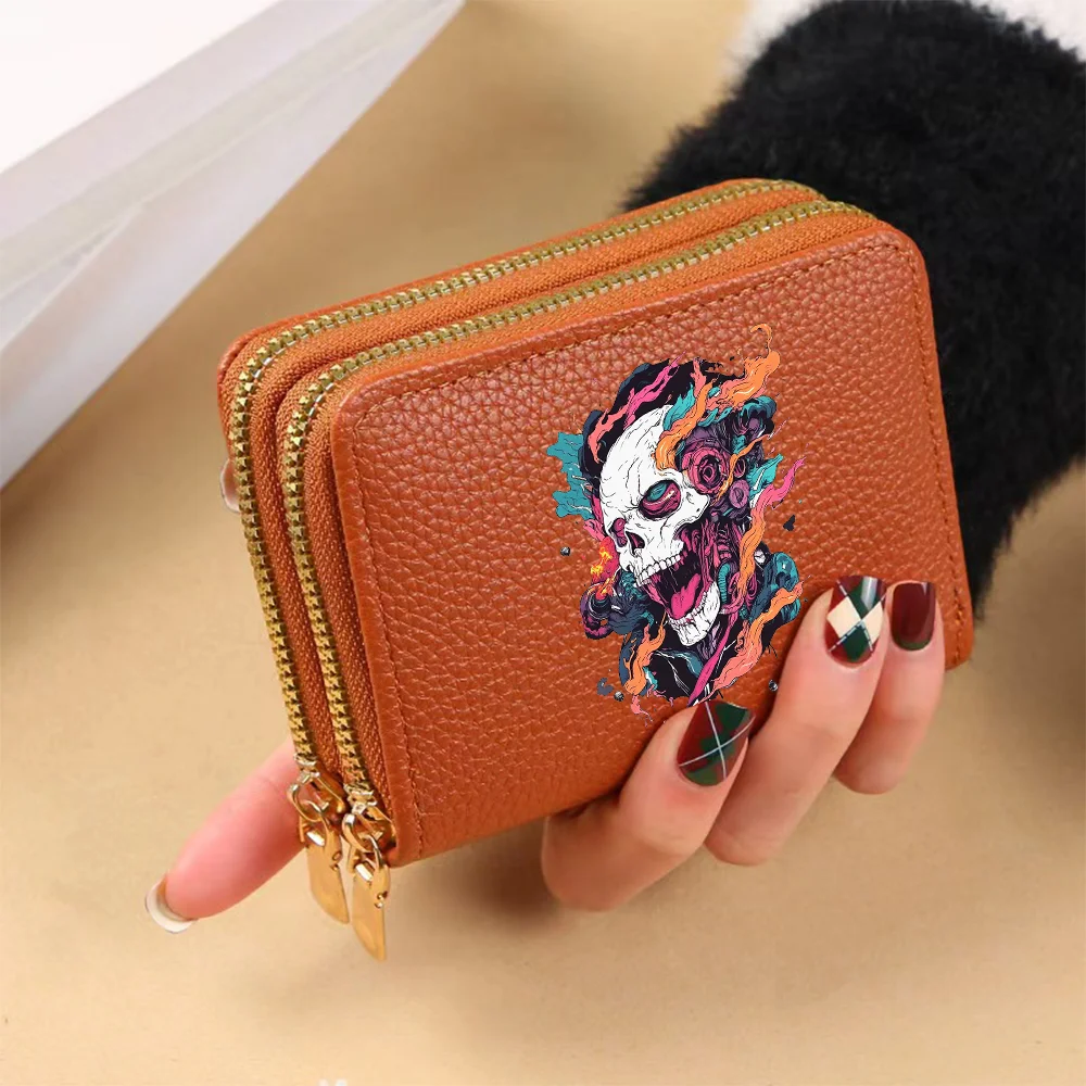 Ladies Skull Cartoon Print Credit Card Holder Wallet with Double Zipper Coin Pocket New Fashion Ladies Style