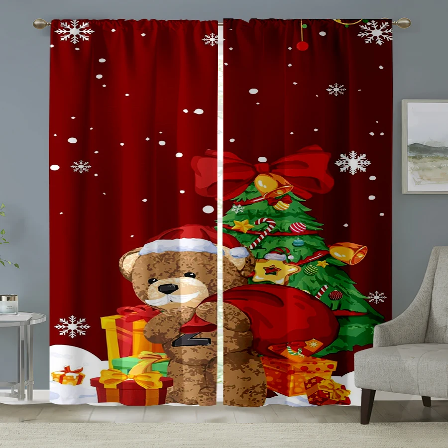 2PCS Christmas Winter Curtains, Teddy Bear Santa Christmas Tree, Digital Print, Bedroom Living Room, Home Decor Window Drapes