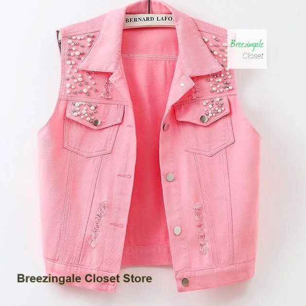 French solid color denim vest women's spring and summer new washed hole beaded sleeveless jacket slim joker tank top tide
